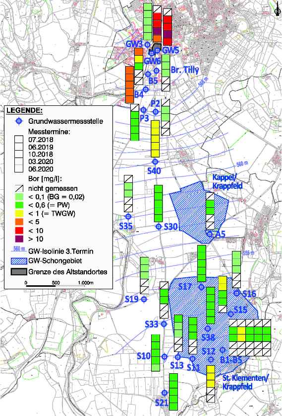 Großräumige Borkonzentration im Grundwasser im weiteren Umfeld (bis rund 5 km) des Altstandortes