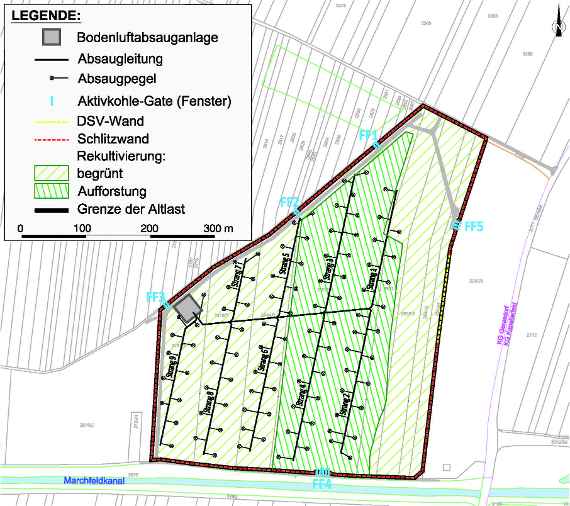 Situationsplan der Altlast mit den ausgeführten Sicherungsmaßnahmen und allen Gasmessstellen bzw. Bodenluftabsaugpegeln