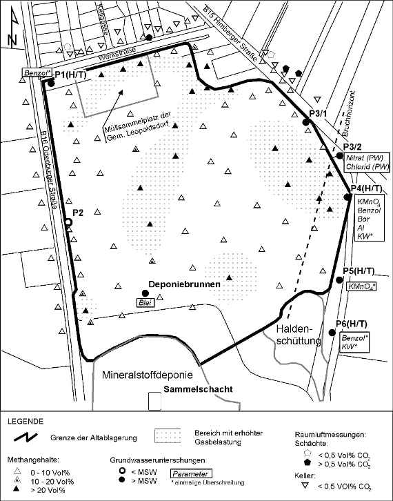 Lageplan der Deponie Wienerberger mit Deponiegasmessstellen und Aufschlusspunkten