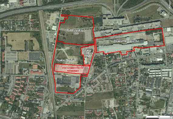 Luftbild (Befliegung 2013) mit Lage des Altstandortes „Dachpappenfabrik Krinninger“ sowie der angrenzenden Altstandorte