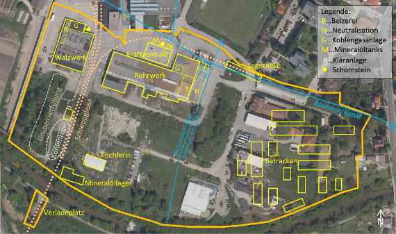 Lage der Betriebsanlagen auf dem Altstandort (Luftbild 2016)