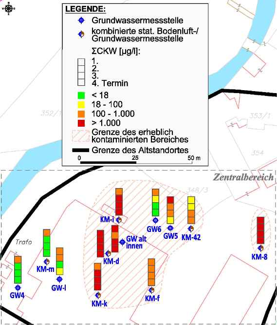 Lage der Grundwassermessstellen im Bereich des Altstandortes samt CKW-Konzentrationen der Grundwasserproben