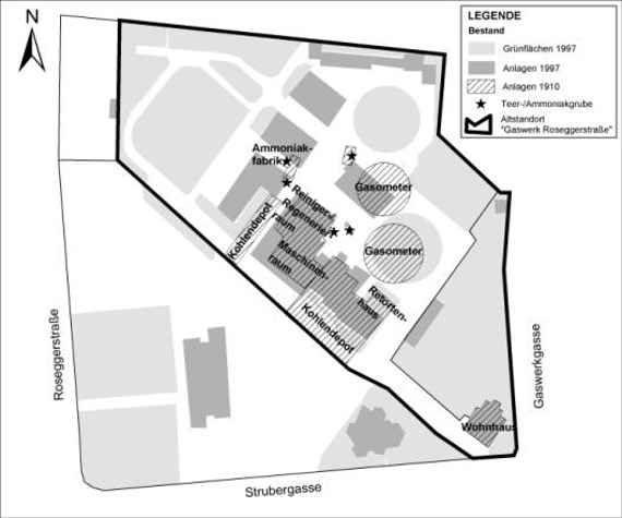 Lageplan: Betriebsanlagen des Gaswerks Roseggerstraße für das Jahr 1910
