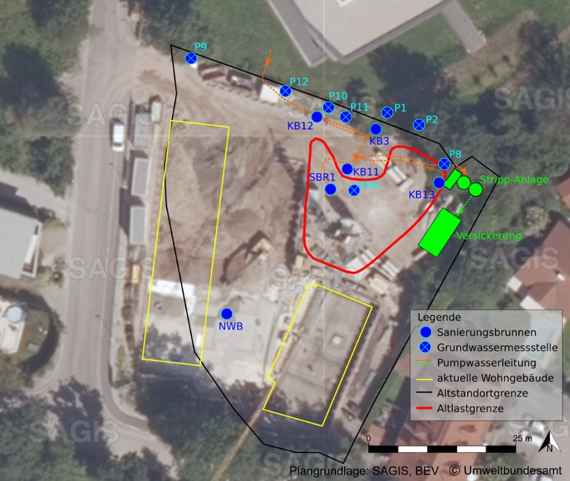 Lage der Sanierungsbrunnen, der Sanierungsanlage und der Grundwassermessstellen auf dem Standort