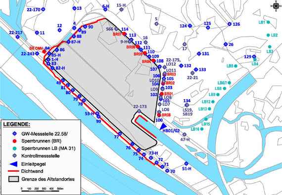 Lage von Steuerpegeln, Messstellen der Kontrolluntersuchungen sowie weiterer ausgewählter Grundwassermessstellen