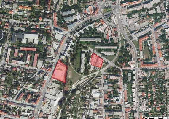 Luftbild der Altstandorte "Putzerei Counde" (rechts) und "Apparatebau Kravaric" (links)