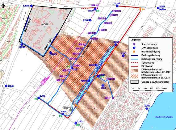 Schadstofffahnen bei mittlerem bzw. bei hohem Grundwasserstand